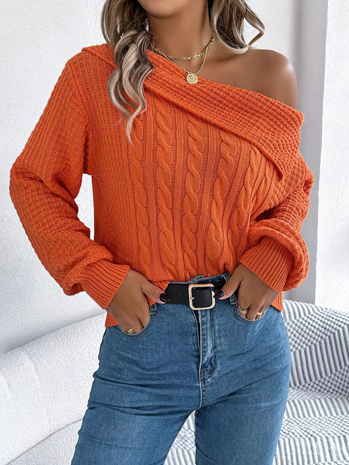 One Shoulder Cable Knit Sweater by Trendsi