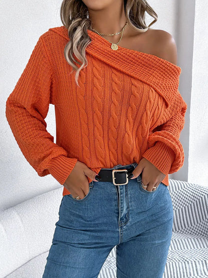 One Shoulder Cable Knit Sweater by Trendsi