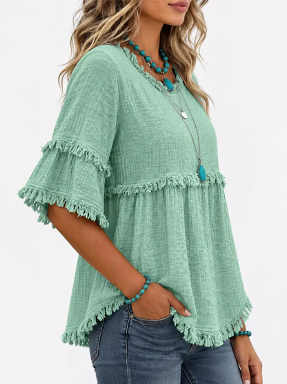 Full Size Frayed Edge Textured Blouse Plus Size by Trendsi