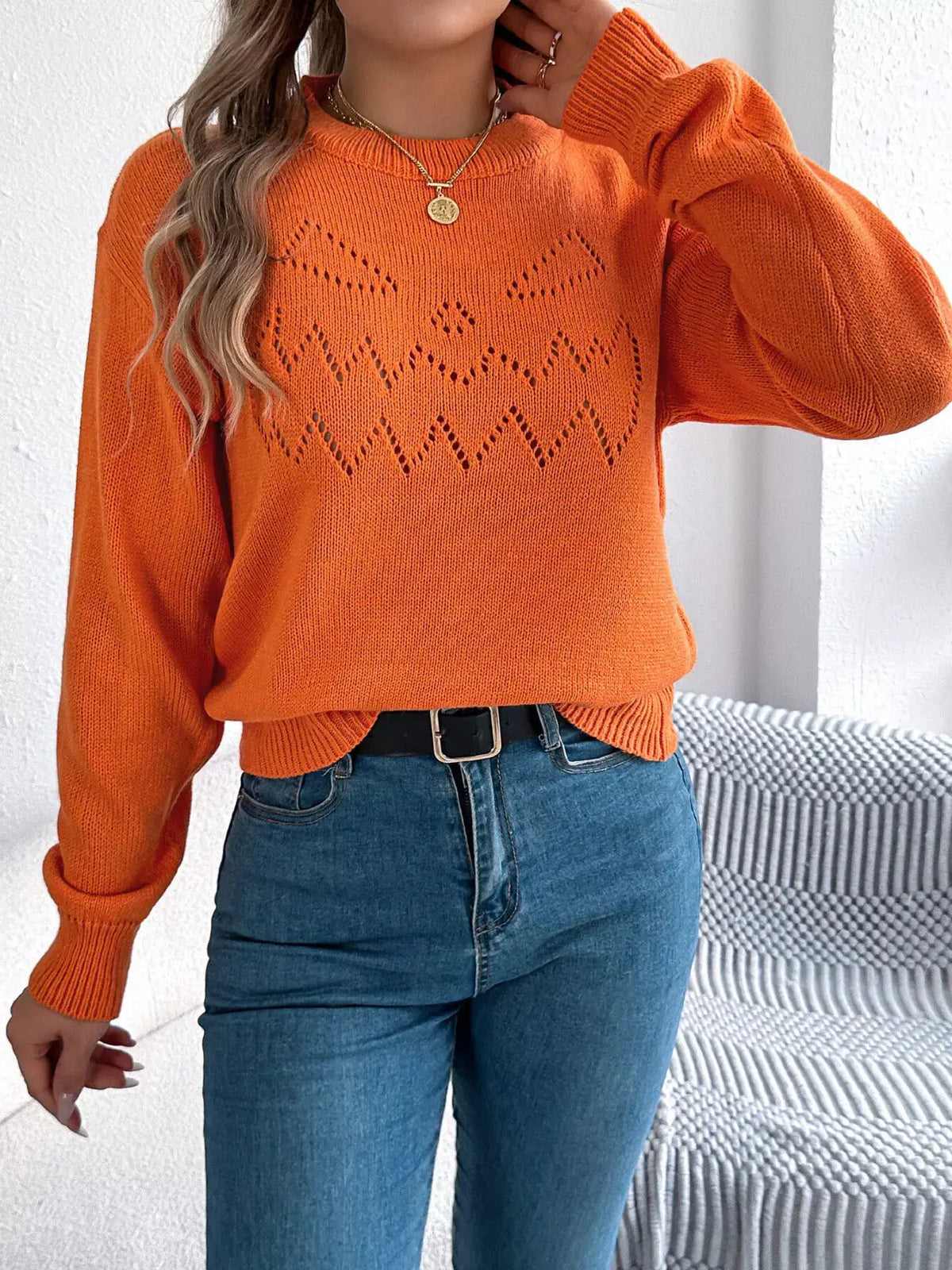 Halloween Pumpkin Face Knit Top by Trendsi