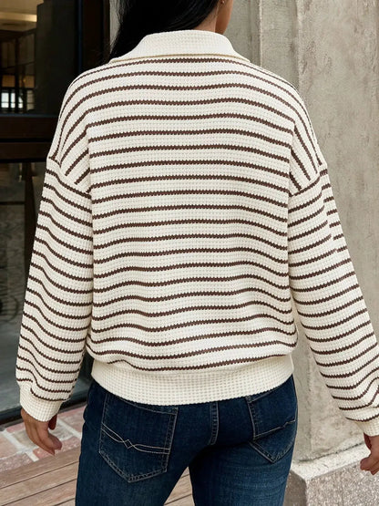 Striped Polo Collar Knit Sweatshirt by Trendsi