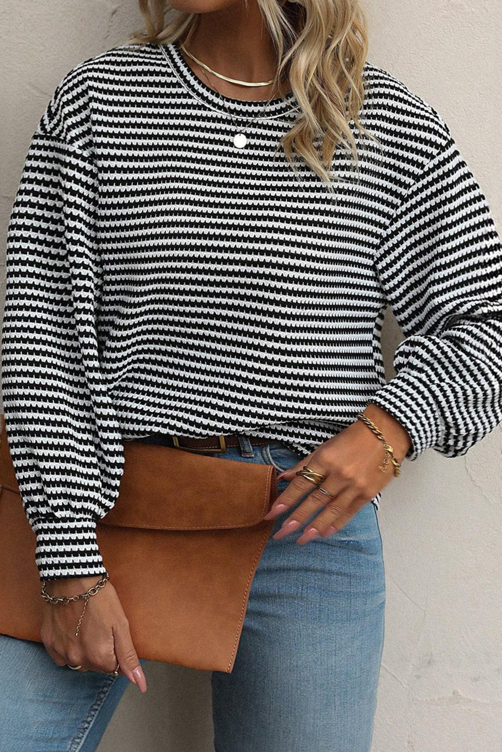 Khaki Stripe Round Neck Drop Shoulder Long Sleeve Top