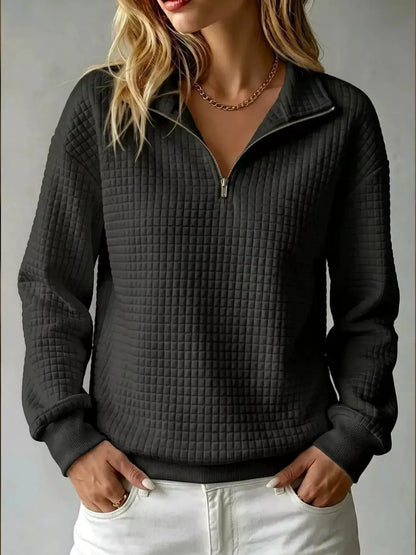 Waffle Knit Quarter-Zip Sweatshirt by Trendsi