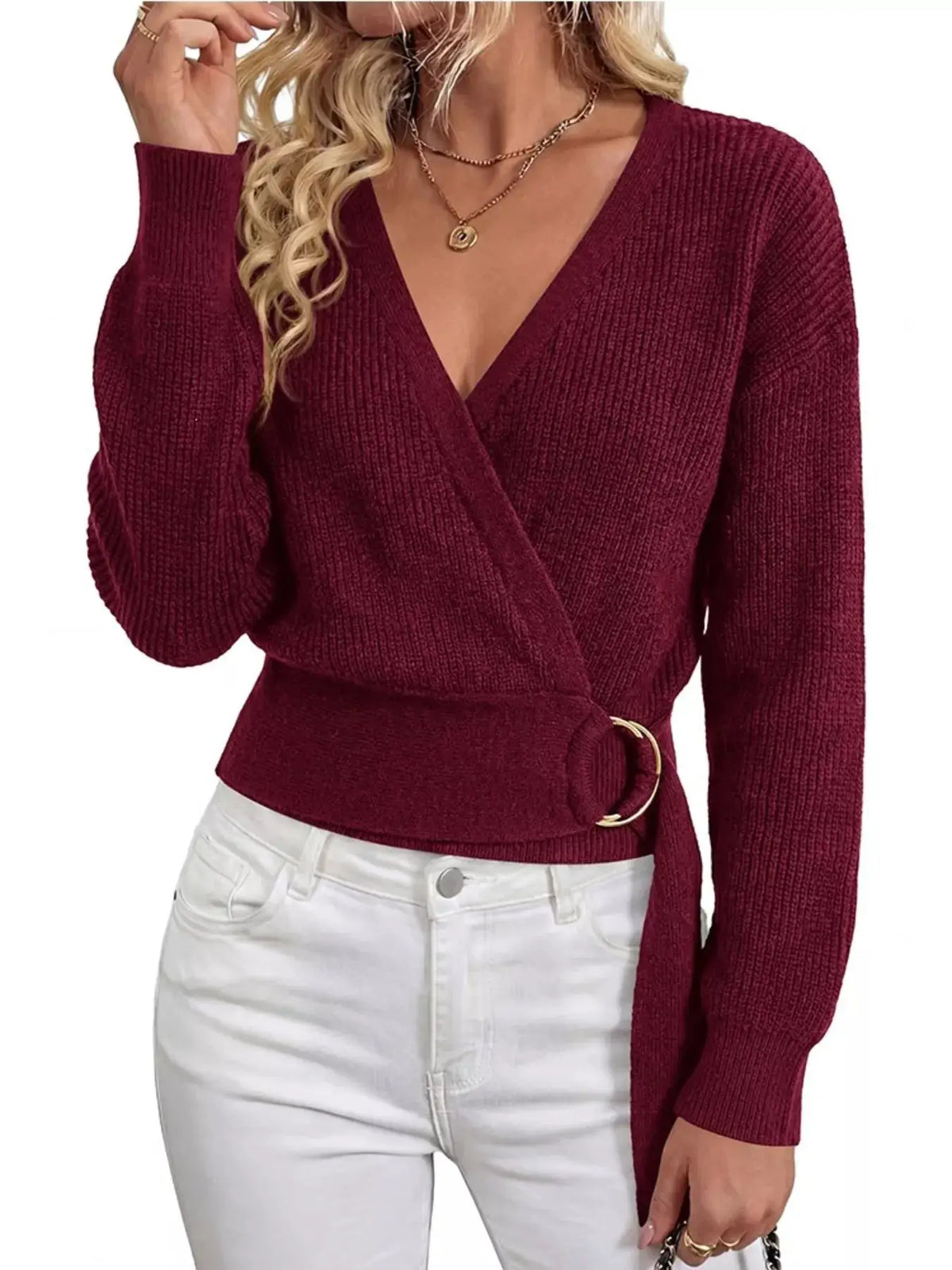 Metal Ring Detail Dropped Shoulder Sweater by Trendsi