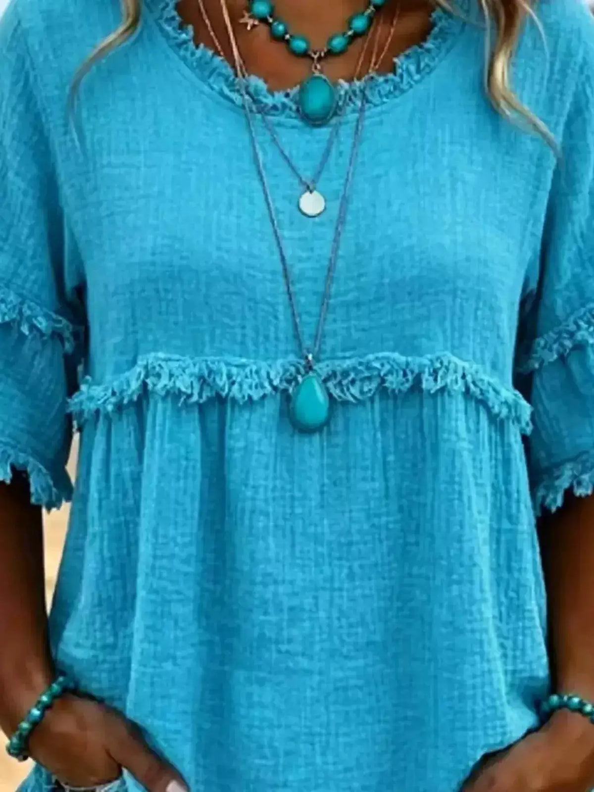Full Size Frayed Edge Textured Blouse Plus Size by Trendsi