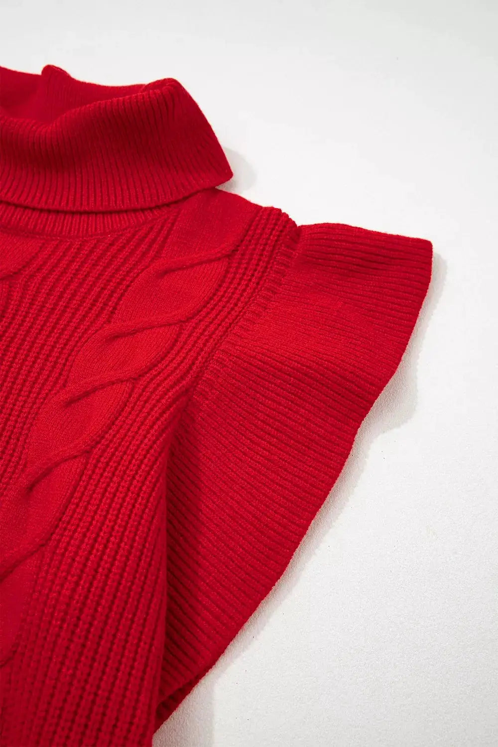 Cable Knit Turtleneck Ruffled Short Sleeve Sweater by Trendsi