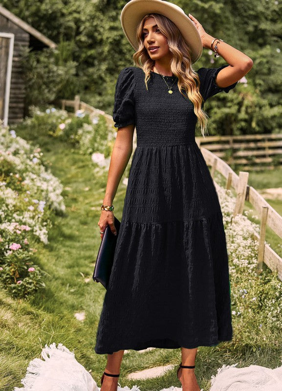 Smocked textured midi dress