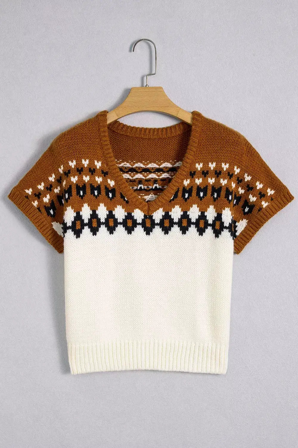 V Neck Short Sleeve Geometric Sweater by Trendsi
