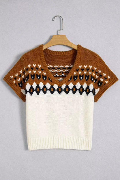 V Neck Short Sleeve Geometric Sweater by Trendsi