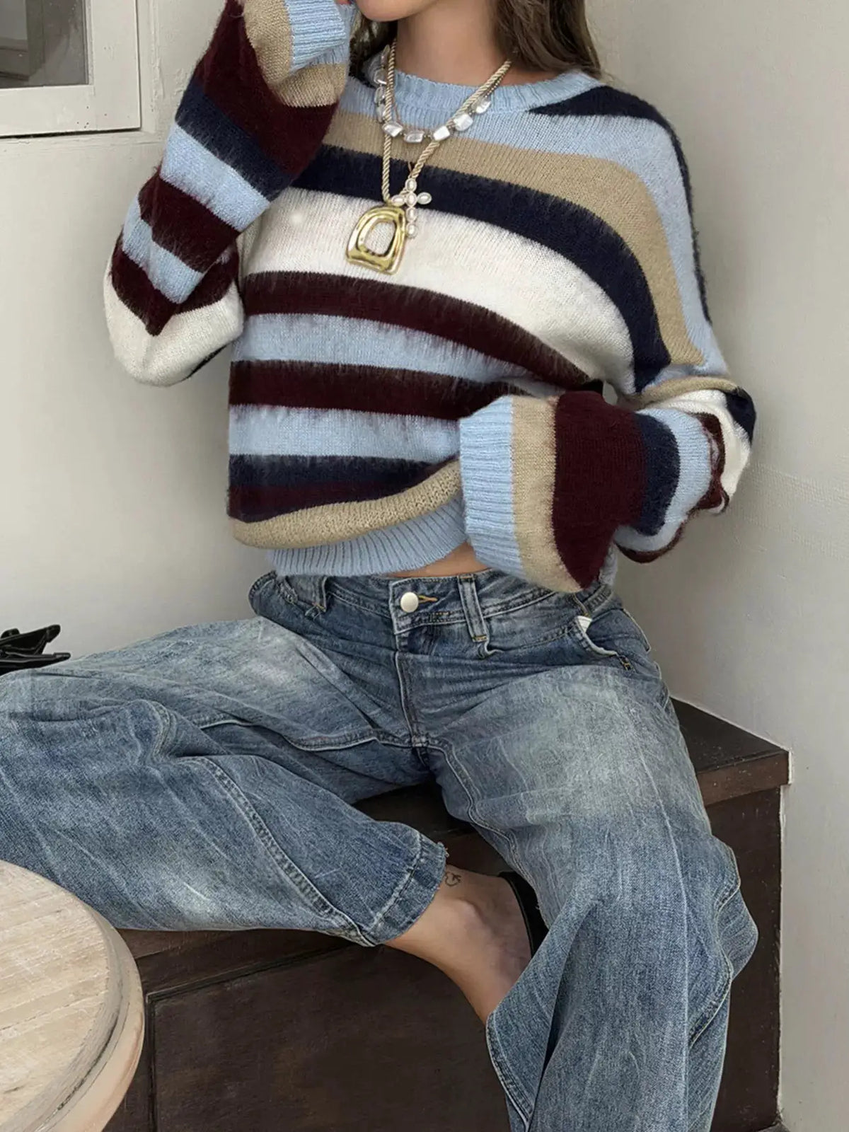 Multi-Color Striped Fuzzy Sweater by Trendsi