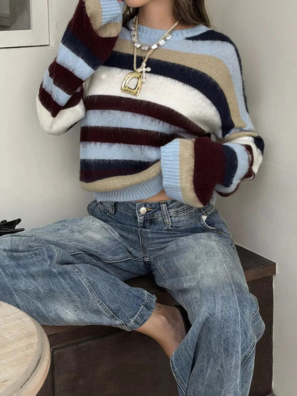 Multi-Color Striped Fuzzy Sweater by Trendsi