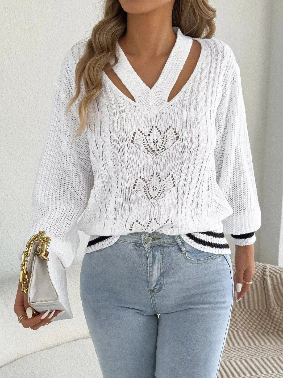 Cutout Cable Knit Sweater by Trendsi