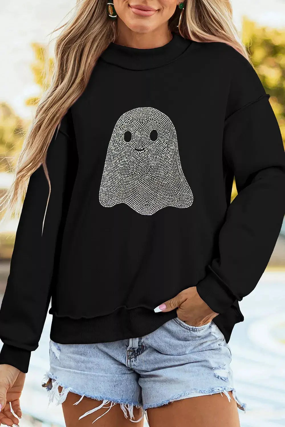 Rhinestone Ghost Exposed Seam Mock Neck Halloween Sweatshirt by Trendsi