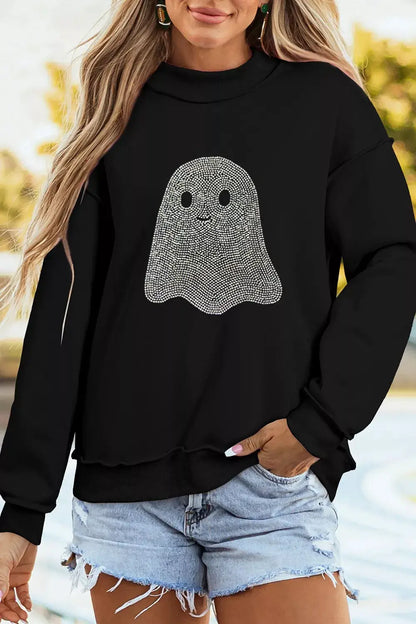 Rhinestone Ghost Exposed Seam Mock Neck Halloween Sweatshirt by Trendsi