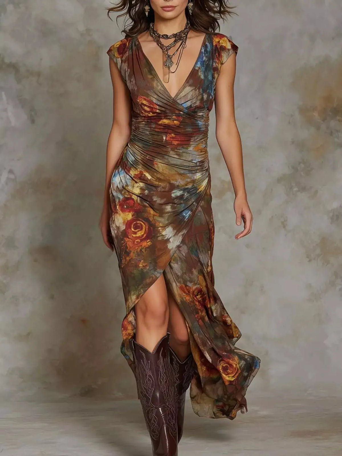 Floral Print Ruched Wrap Midi Dress by Trendsi
