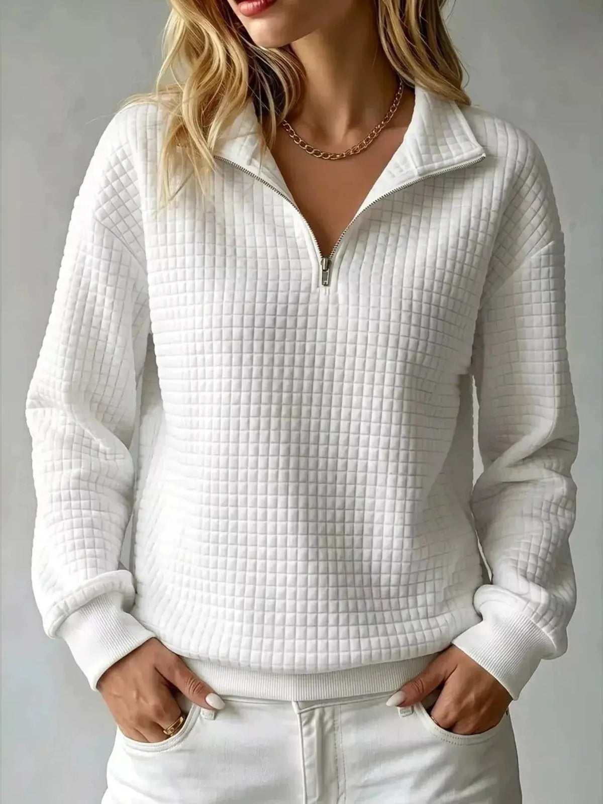 Waffle Knit Quarter-Zip Sweatshirt by Trendsi