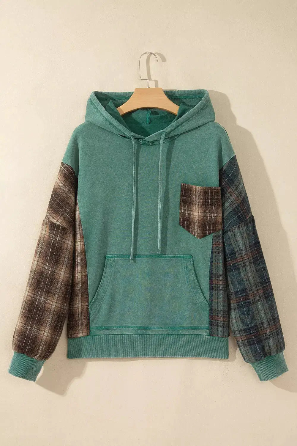 Plaid Kangaroo Pocket Hoodie by Trendsi