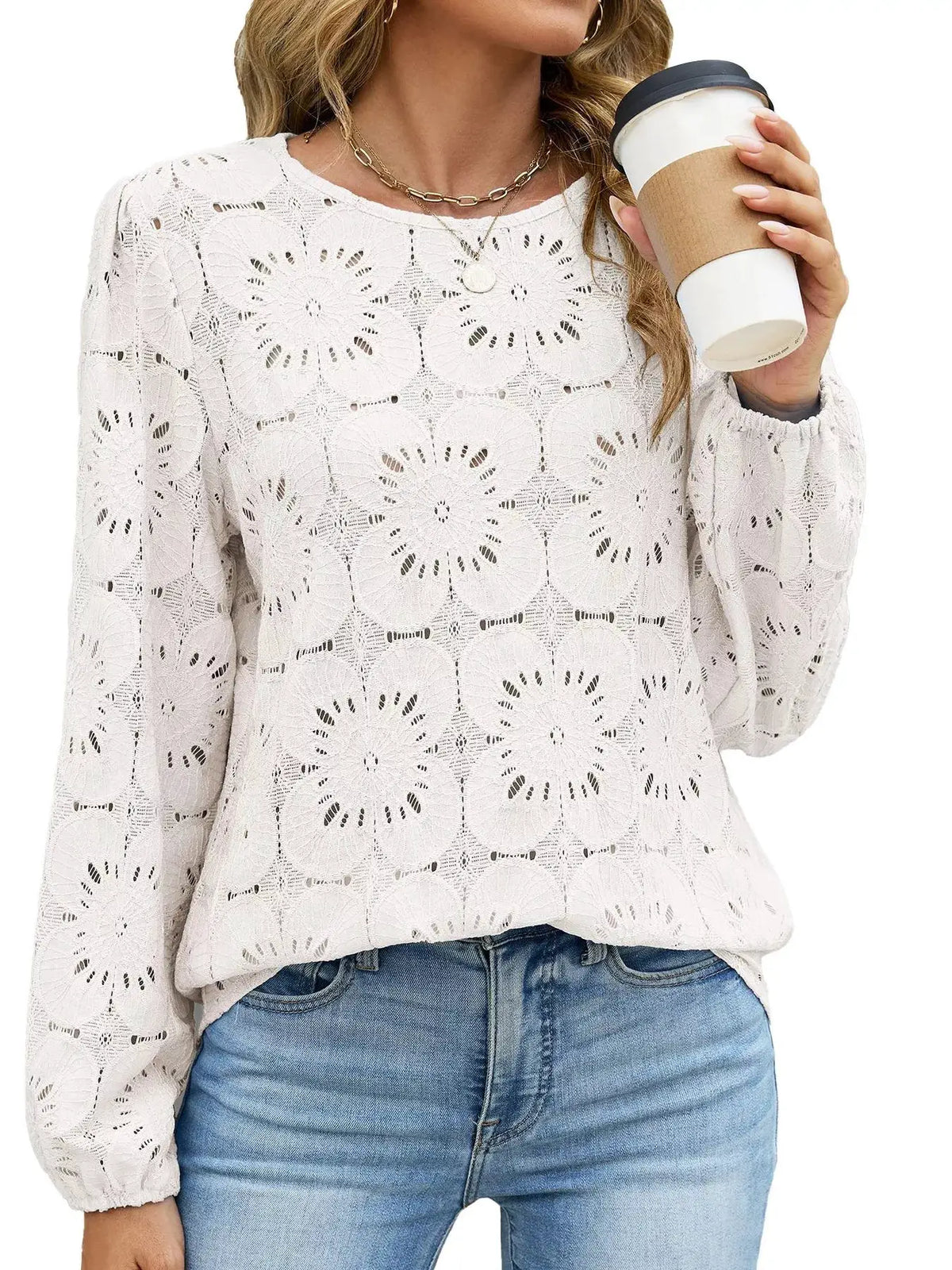Floral Eyelet Lace Long Sleeve Blouse by Trendsi