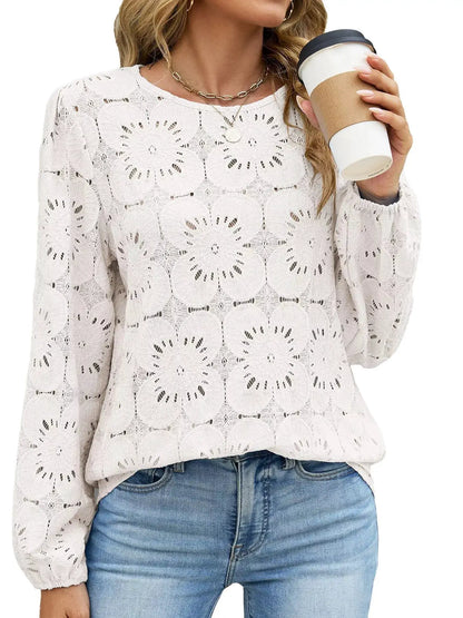 Floral Eyelet Lace Long Sleeve Blouse by Trendsi