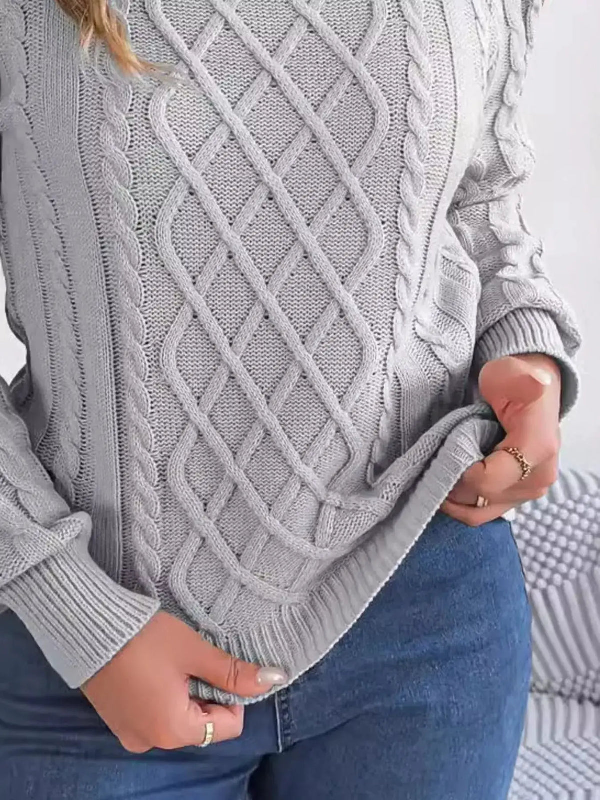 Cold-Shoulder Cable Knit Sweater by Trendsi