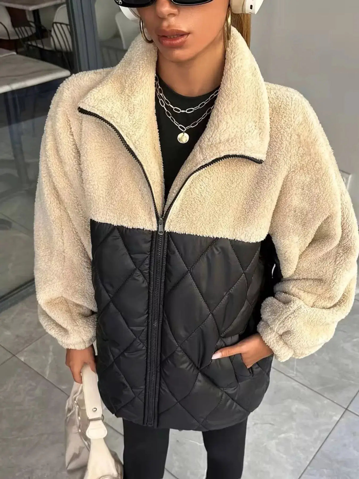 Color-Block Sherpa and Quilted Puffer Outerwear by Trendsi