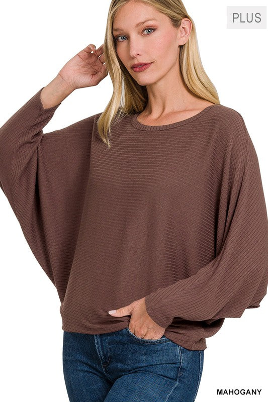 Plus Ribbed Batwing Long Sleeve Boat Neck Sweater