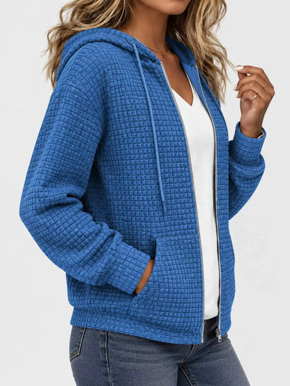 Waffle Knit Zip-Up Hoodie with Drawstring and Pockets by Trendsi