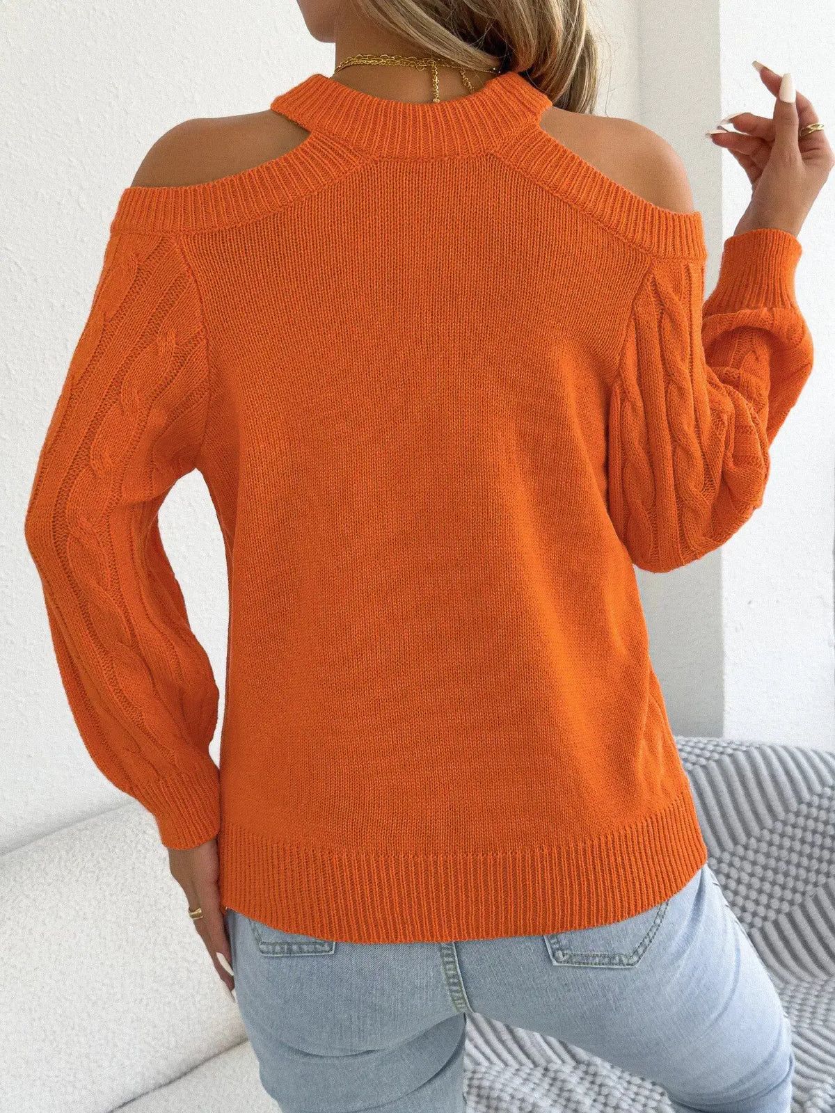 Cold Shoulder Cable Knit Sweater by Trendsi