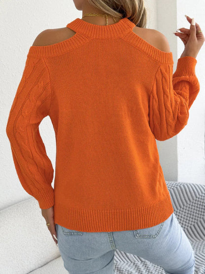 Cold Shoulder Cable Knit Sweater by Trendsi