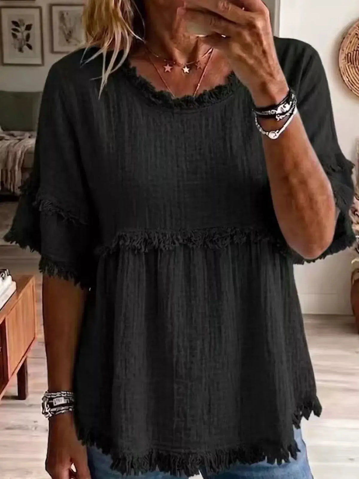 Full Size Frayed Edge Textured Blouse Plus Size by Trendsi