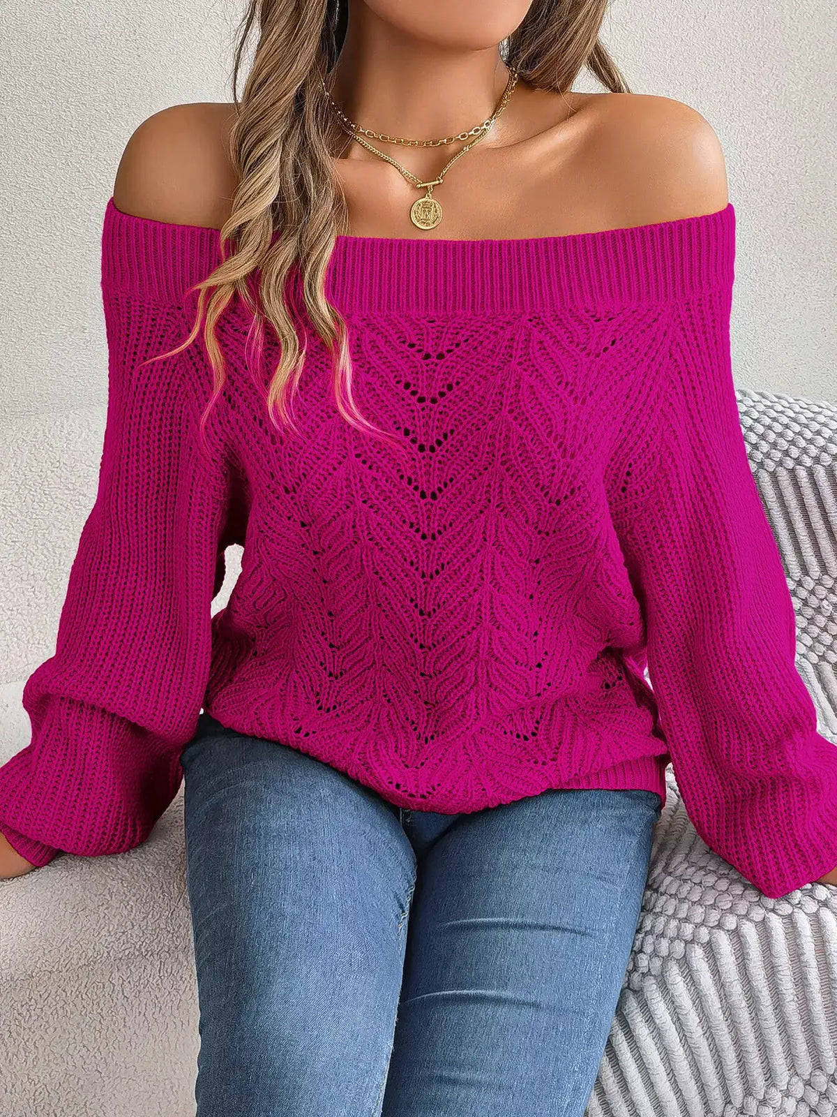 Openwork Off-Shoulder Sweater by Trendsi