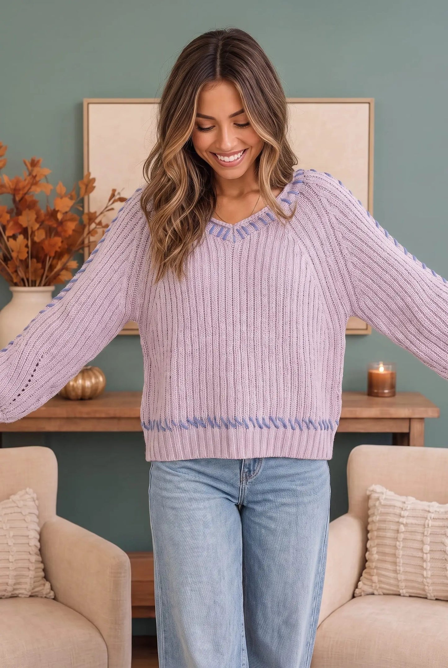 Lavender Whipstitch Ribbed Knit V Neck Balloon Sweater