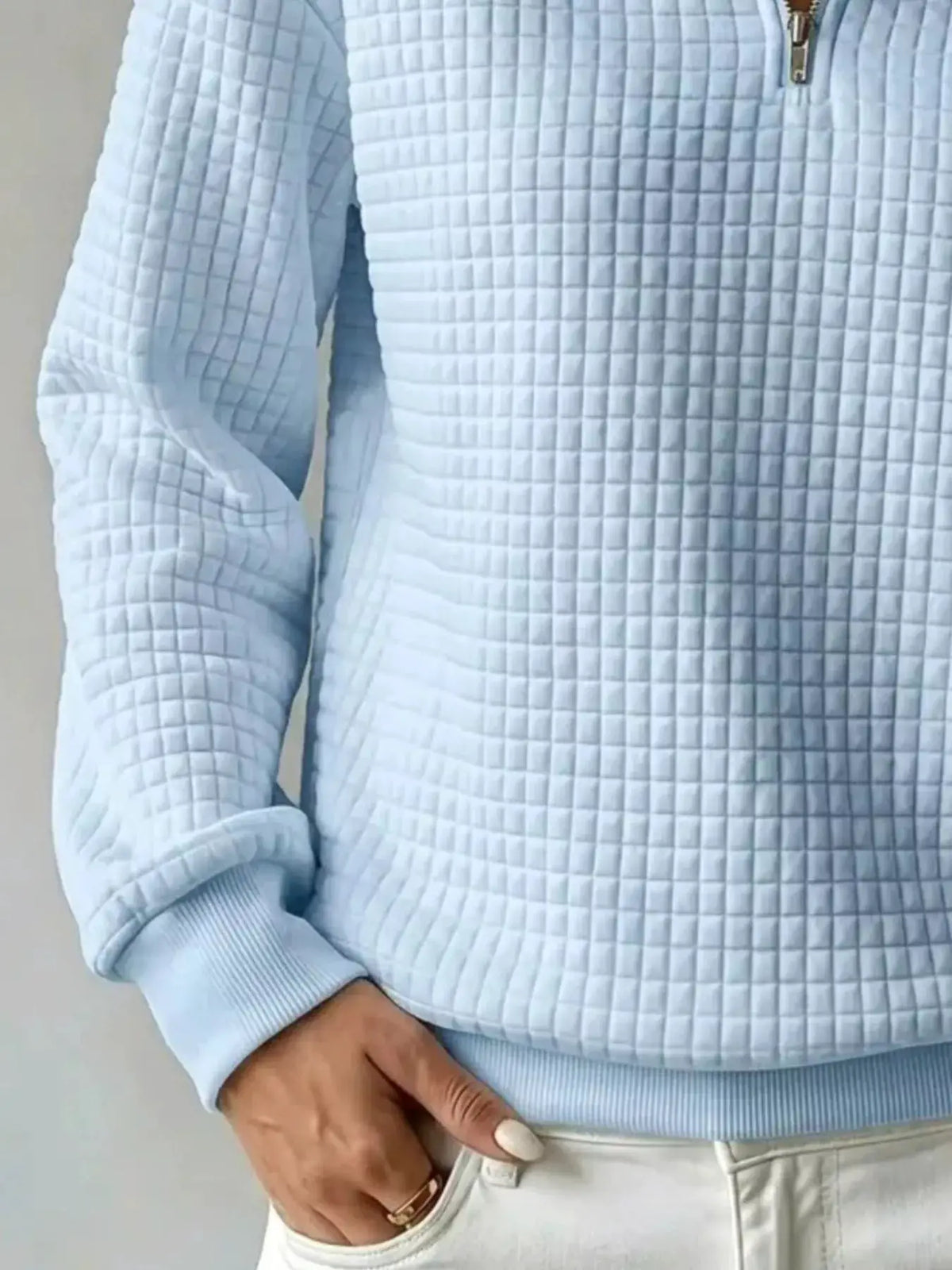 Waffle Knit Quarter-Zip Sweatshirt by Trendsi