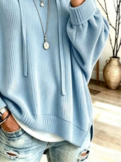 Drawstring Ribbed Knit Hoodie by Trendsi