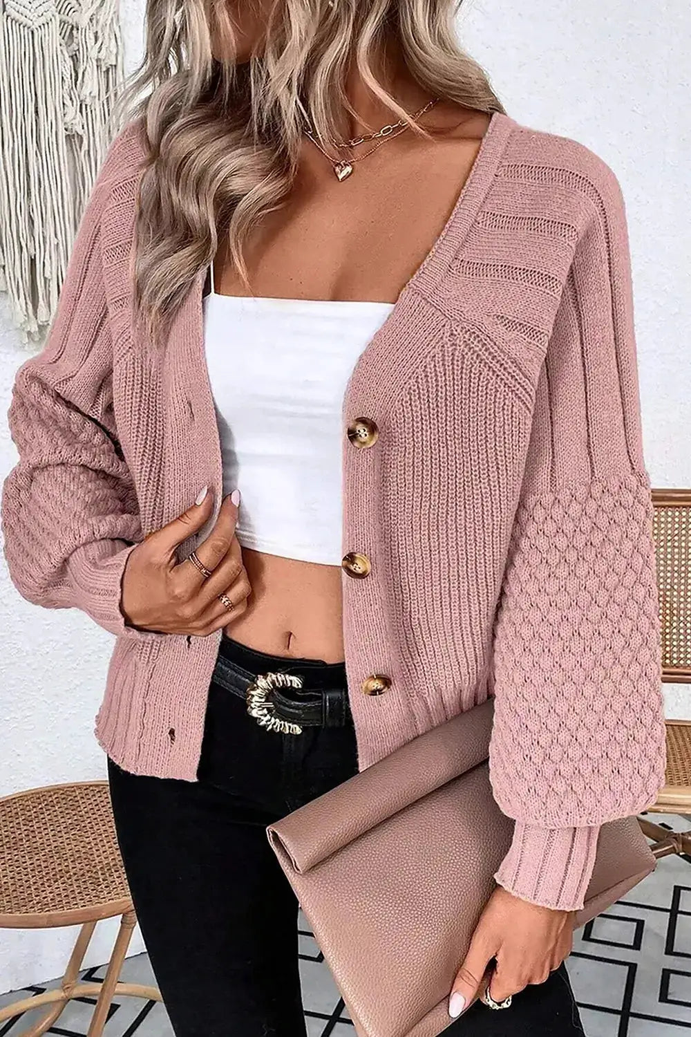 V-Neck Button-Down Cardigan by Trendsi