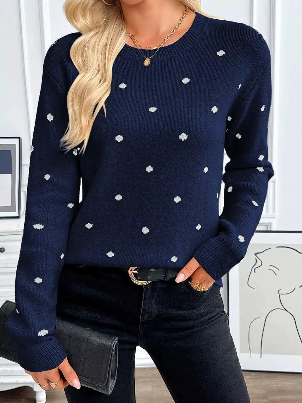 Polka Dot Crew Neck Sweater by Trendsi
