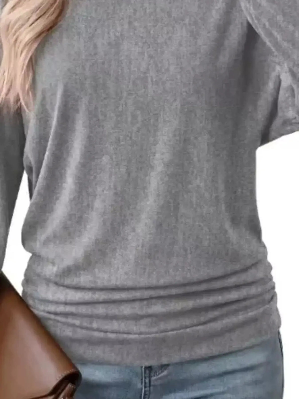 Long Sleeve Crew Neck Casual T-Shirt with Ruched Hem by Trendsi