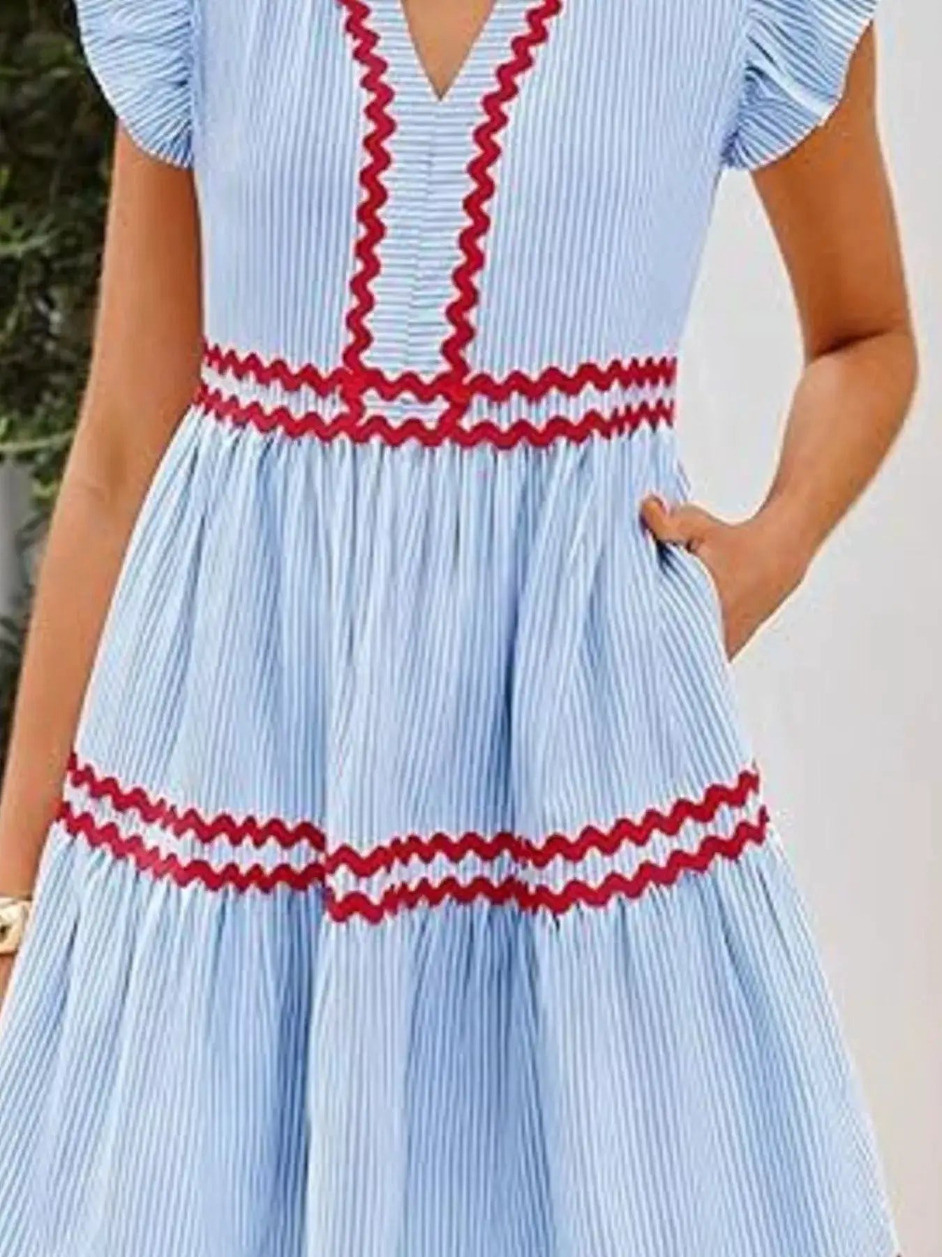 Striped Ruffle Sleeve Tiered Dress by Trendsi