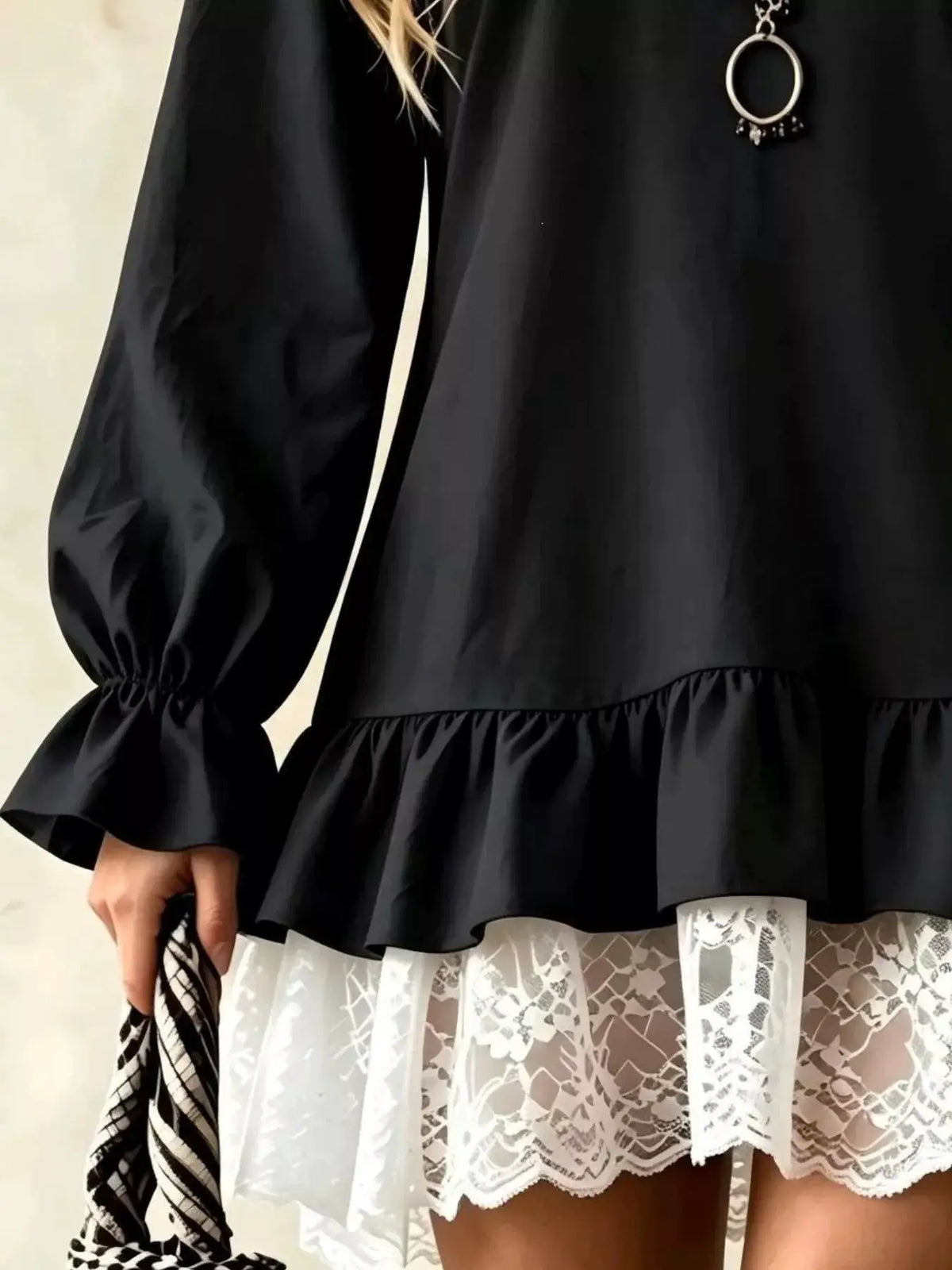 V-Neck Long Sleeve Ruffle Hem Lace Trim Mini Dress by Trendsi
