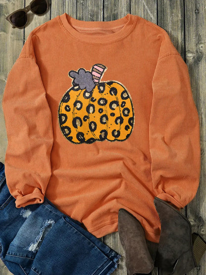 Halloween Leopard Pumpkin Patchwork Ribbed Sweatshirt by Trendsi
