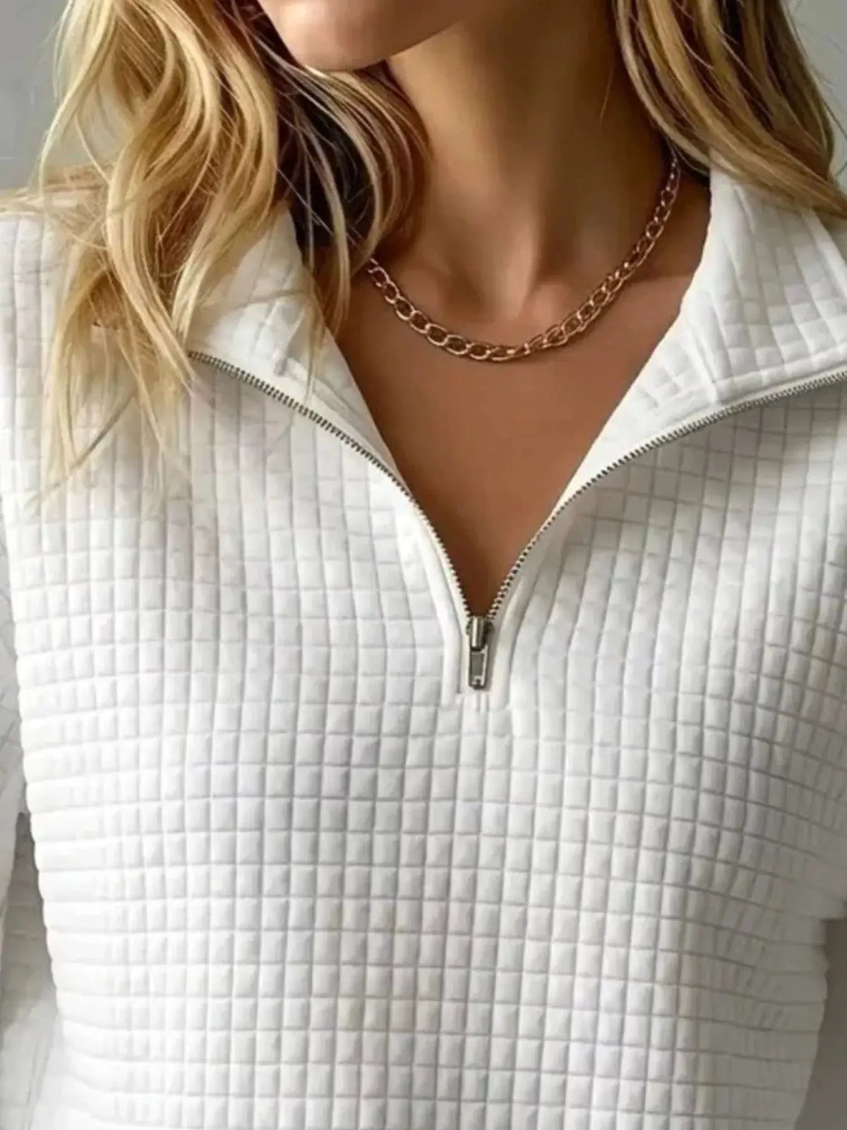 Waffle Knit Quarter-Zip Sweatshirt by Trendsi