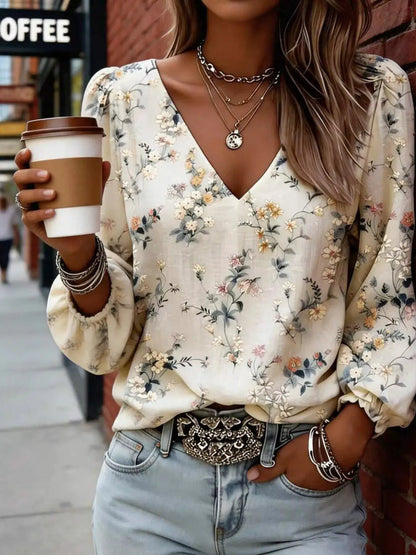 Floral Print V-Neck Long Sleeve Blouse by Trendsi