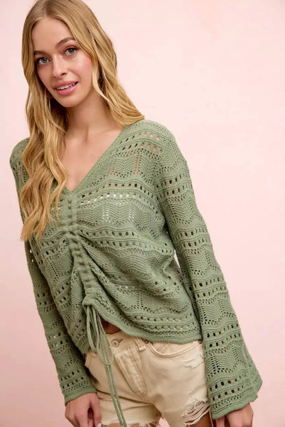 BiBi Pointelle Knit V Neck Ruched Front Lightweight Top by Trendsi