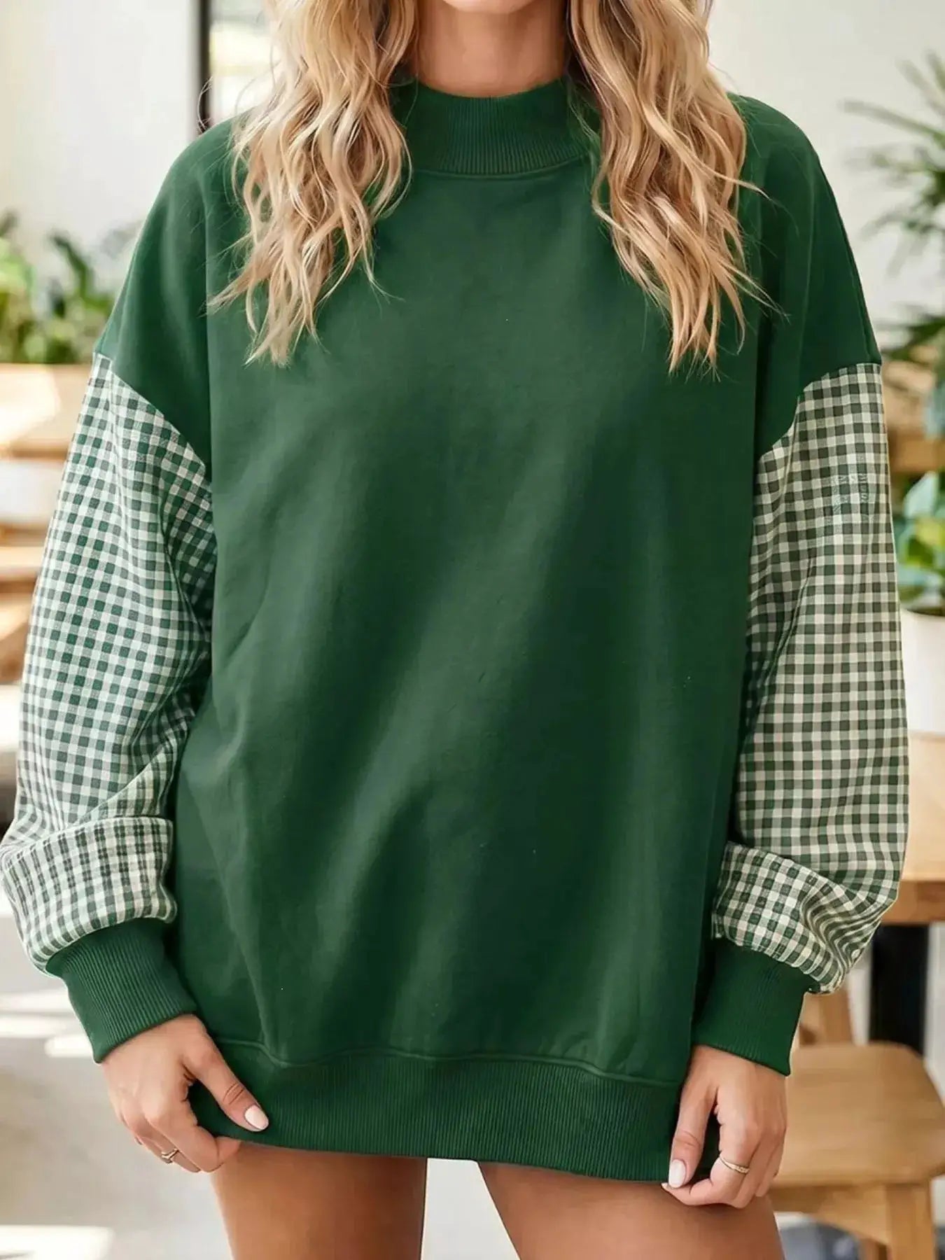 Gingham Sleeves Round Neck Sweatshirt by Trendsi