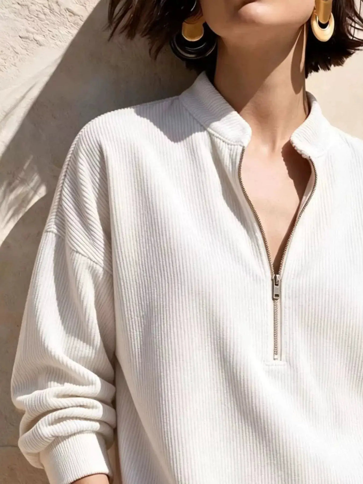 Full Size Half Zip Dropped Shoulder Corduroy Top Plus Size by Trendsi