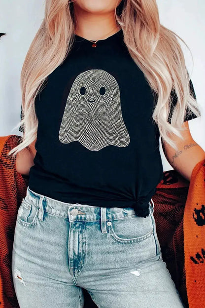 Full Size Rhinestone Ghost Round Neck T-Shirt Plus Size by Trendsi