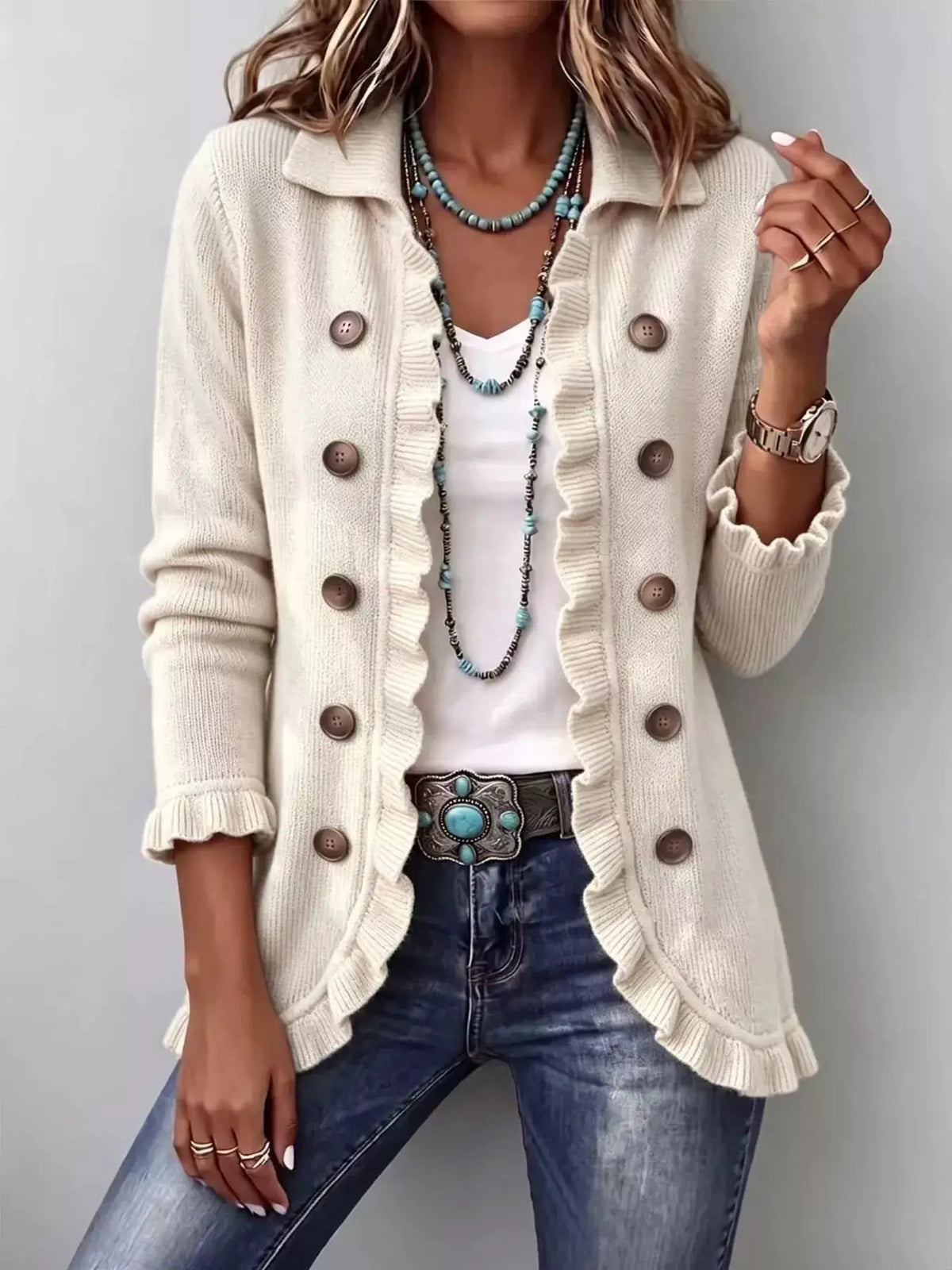 Full Size Ruffled Trim Decorative Button Cardigan Plus Size by Trendsi