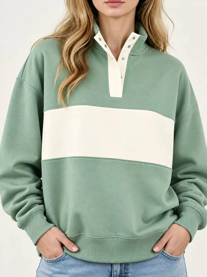 Full Size Color Block Snap-Button Sweatshirt Plus Size by Trendsi