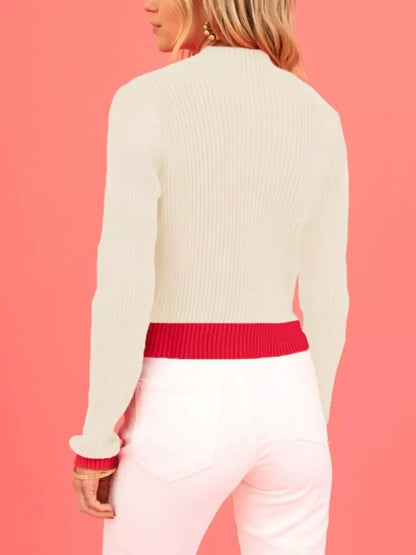 Color-Block Heart Pattern Ribbed Knit Sweater by Trendsi