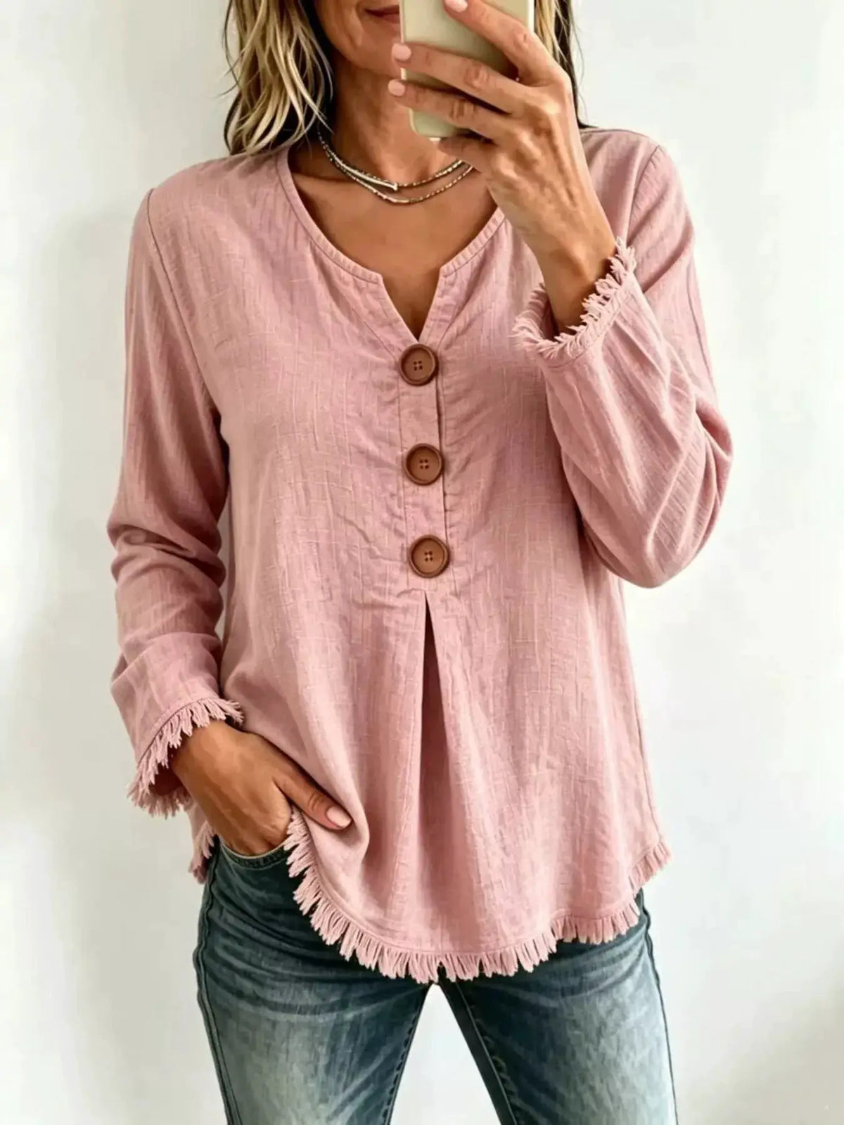 Full Size Frayed Hem Long Sleeve Blouse Plus Size by Trendsi